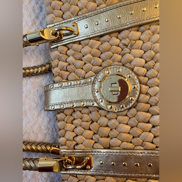 Michael Kors Santorini Raffia Gold Studded Leather Trim Shoulder Bag - Picture 7 of 9